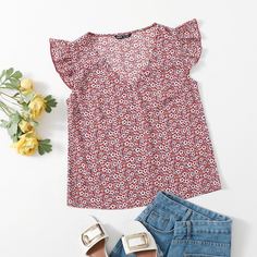 с оборками цветочный Бохо Блузы Shein