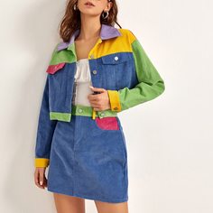 Контрастная вельветовая куртка и юбка Shein
