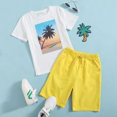 Шорты и футболка с принтом "кокосовое дерево" для мальчиков Shein