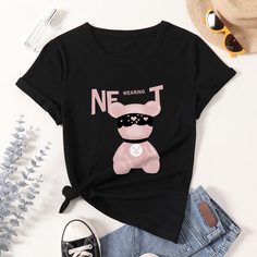 С карикатурой Повседневный Футболки Shein