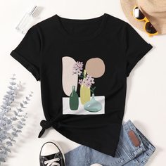 Цветочный Повседневный Футболки Shein