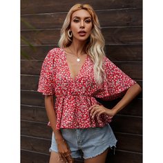 С оборками цветочный Бохо Блузы Shein