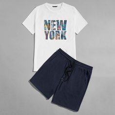 Мужские шорты на кулиске и топ с текстовым принтом Shein