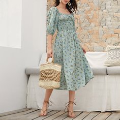 Платье с пышным рукавом и цветочным принтом Shein