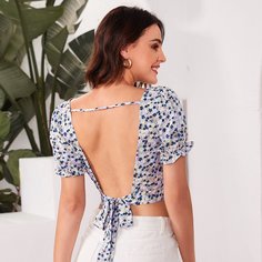вырез на спине цветочный Бохо Блузы Shein