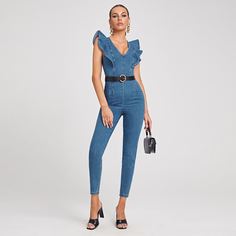 Джинсовый комбинезон с оборками без пояса Shein