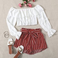 Кроп блузка и шорты в полоску с поясом Shein