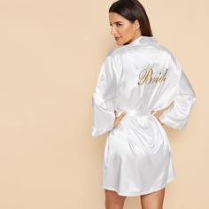 Атласный халат с поясом и текстовой вышивкой Shein