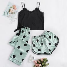 многоцветный с бантом В горошек Элегантный Ночная пижама Shein