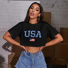 Чёрный Текст Повседневный Футболки Shein