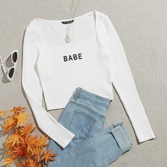 Трикотажный топ с текстовым принтом Shein