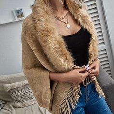 Контрастный искусственный мех Одноцветный Повседневный Кардиганы Shein