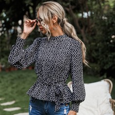 Блузка с поясом, оборкой и цветочным принтом Shein
