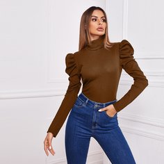 Вязаная футболка в рубчик с высоким воротником Shein