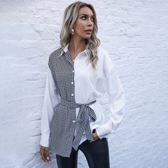 Пояс Ломаная клетка Повседневный Блузы Shein