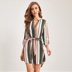 с поясом Полосатый Повседневный Платья Shein
