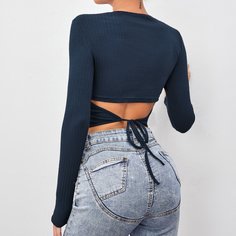Трикотажная короткая футболка с узлом сзади Shein