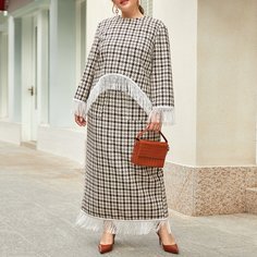 Твидовый топ и юбка в клетку размера плюс с бахромой Shein