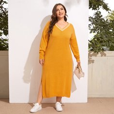 Разрез Полосатый Повседневный Свитер-платье размер плюс Shein