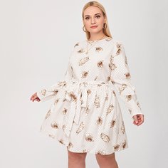 Платье размера плюс с поясом и принтом кошки в горошек Shein