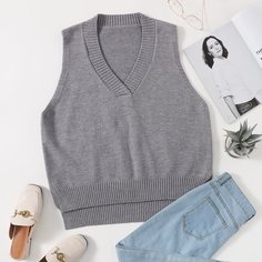 Трикотажный топ с v-образным вырезом и разрезом Shein