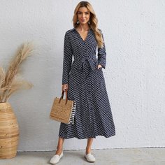 Платье в клетку с v-образным воротником и поясом Shein