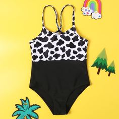 Слитный купальник с коровьим принтом для девочек Shein