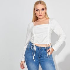 Футболка размера плюс на кулиске с квадратным воротником Shein