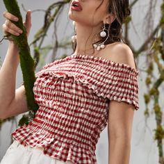 С оборками Клетка Бохо Женские топы Shein