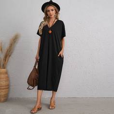 Однотонное платье с v-образным воротником Shein