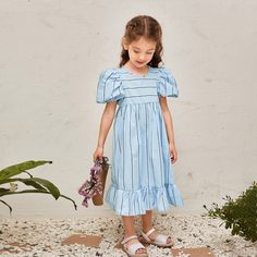 Платье в полоску с пышными рукавами для девочек Shein
