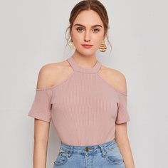 Трикотажная футболка с открытыми плечами Shein