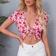 Волнистый край Со цветочками Бохо Женские топы Shein