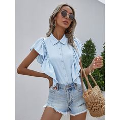 с оборками Одноцветный Элегантный Блузы Shein