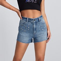 Карман Геометрический Джинсовые шорты Shein