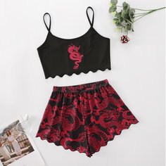 с фестонами Животный Повседневный Пижама Shein