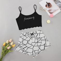 Пижама с геометрическим и текстовым принтом Shein