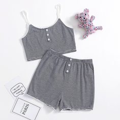 Контрастные кружева Полосатый Повседневный Домашняя одежда для девочек Shein