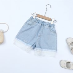 Контрастные кружева Контрастный Джинсовые шорты для девочек Shein