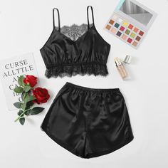 Контрастные кружева Одноцветный Сексуальный Комплект пижамы Shein