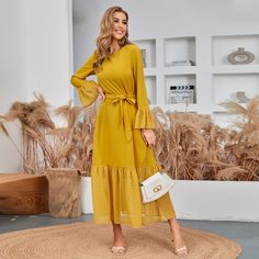 с оборками Одноцветный Элегантный Арабские платья Shein
