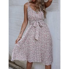 Платье на бретельках с поясом и цветочным принтом Shein