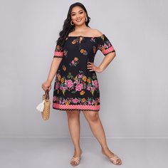 Платье размера плюс с открытыми плечами и цветочным принтом Shein