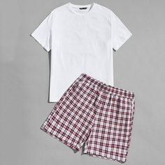 Мужской однотонный топ и шорты в клетку Shein