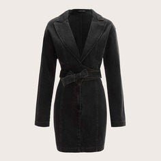 Джинсовое платье с поясом и лацканами воротником Shein