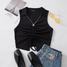 Вязаная майка в рубчик на кулиске без ожерелья Shein