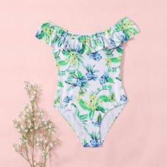 Слитный купальник с оригинальным принтом для девочек Shein