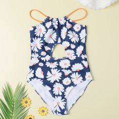 Слитный купальник с цветочным принтом для девочек Shein