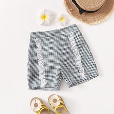 Шорты в клетку с кружевной отделкой для девочек Shein