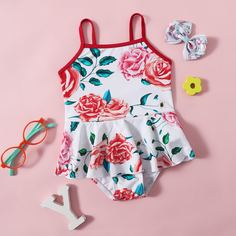 Слитный купальник с цветочным принтом для девочек Shein